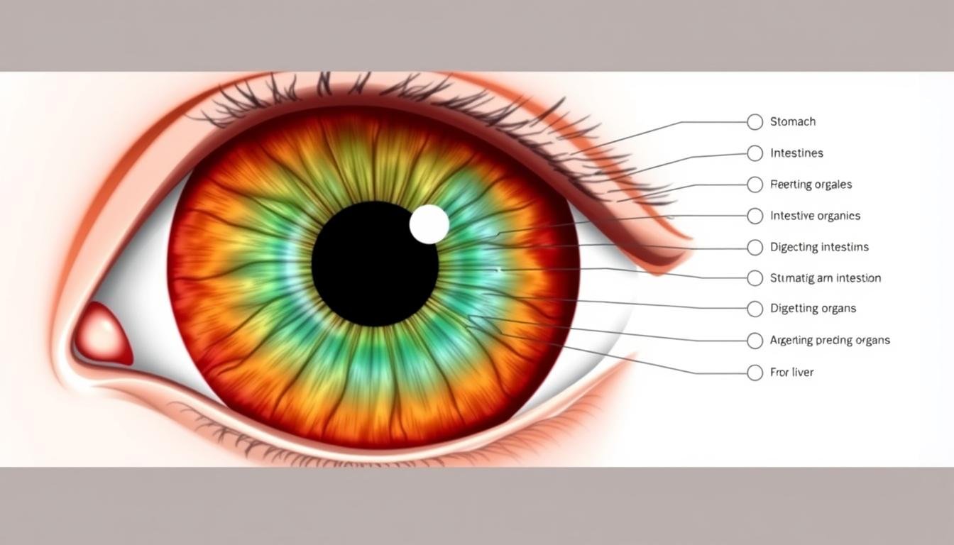 Detailed iridology chart showing digestive system zones in the iris