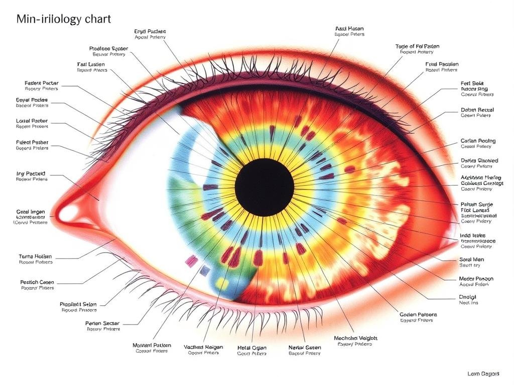 Detailed iridology chart showing how different parts of the iris correspond to body systems