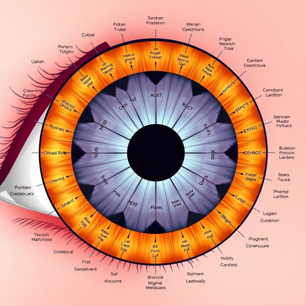 Detailed iridology chart showing how different sections of the iris correspond to body organs
