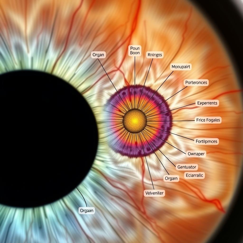Detailed iridology chart showing how different sections of the iris correspond to body systems