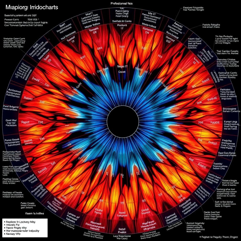 Detailed iridology chart showing iris mapping to body systems
