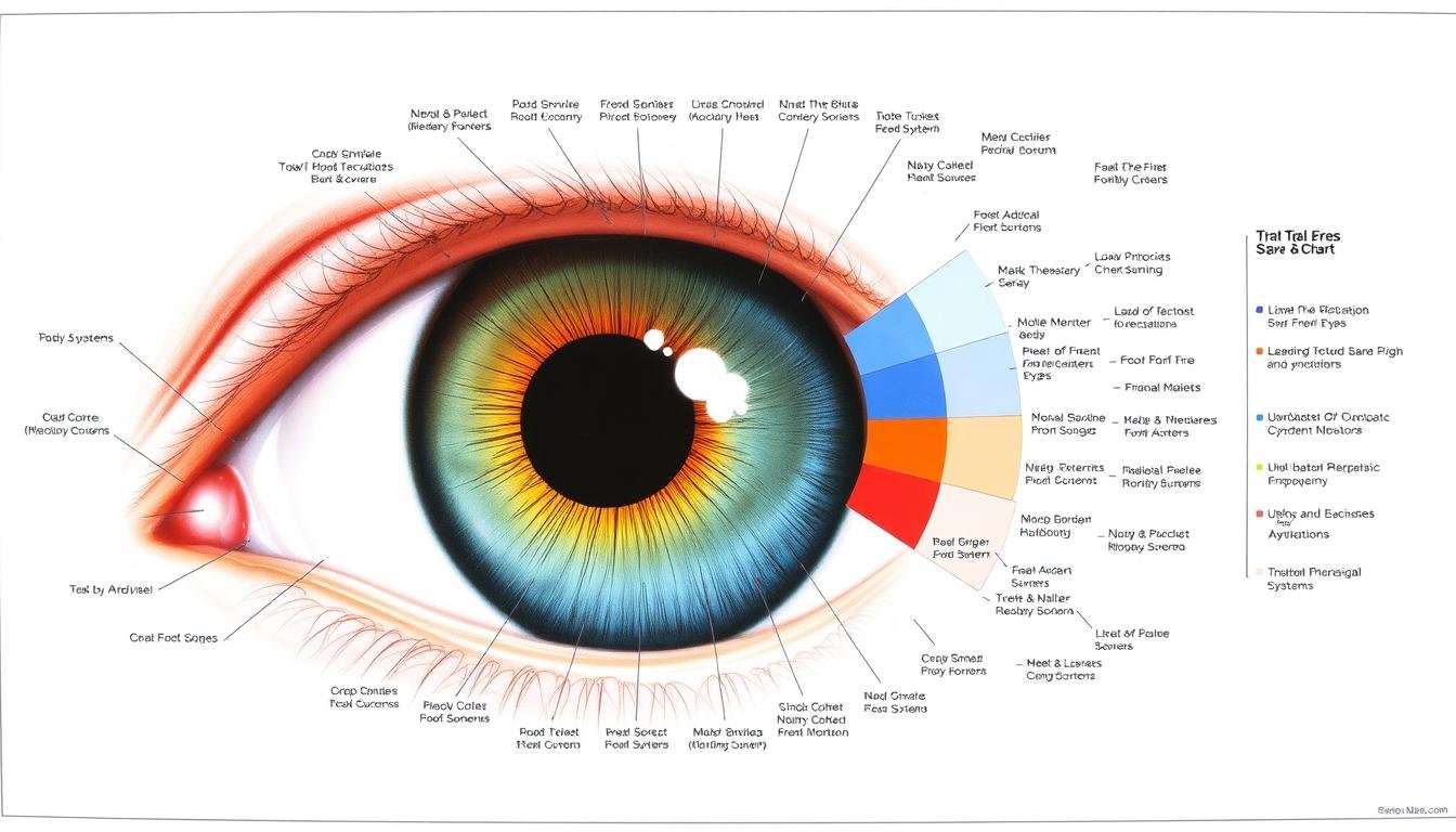 Detailed iridology chart showing iris zones and corresponding body systems