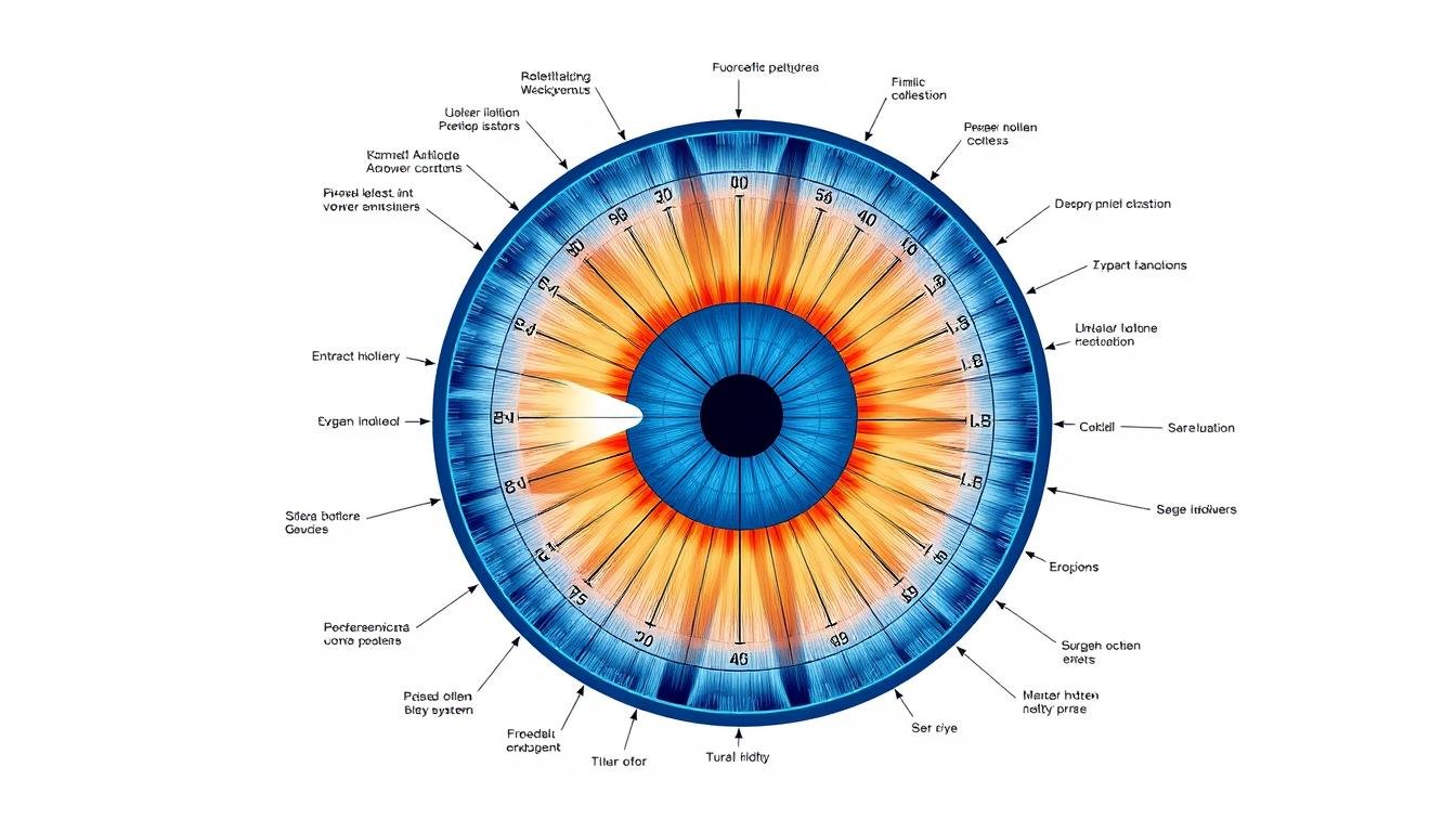 Detailed iridology chart showing iris zones and corresponding body systems