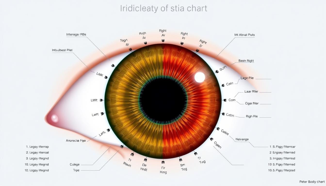 Detailed iridology chart showing iris zones mapped to different body systems