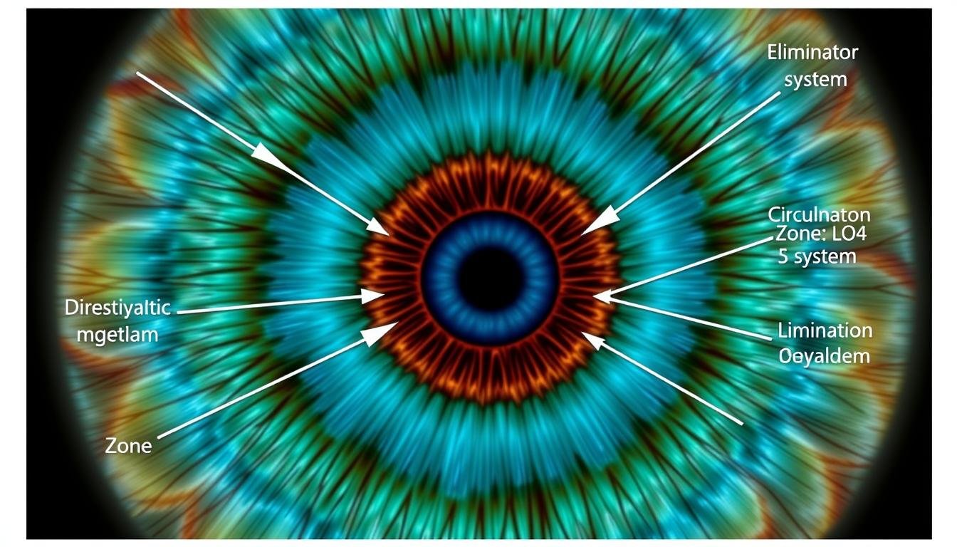 Detailed iridology chart showing major zones with labels