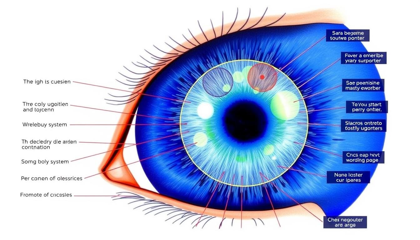 Detailed iridology chart showing the right eye with labeled zones and markings