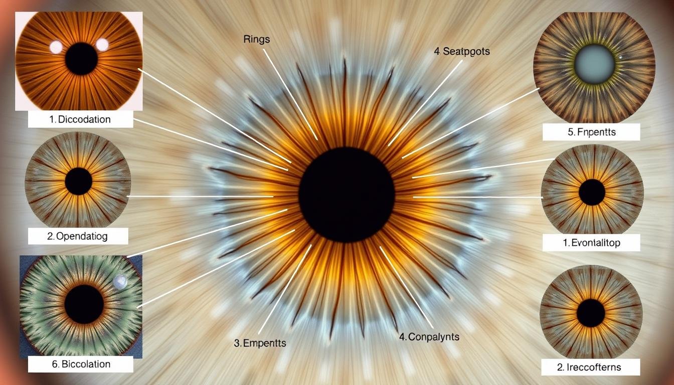 Detailed iridology examination showing different iris markings and their meanings