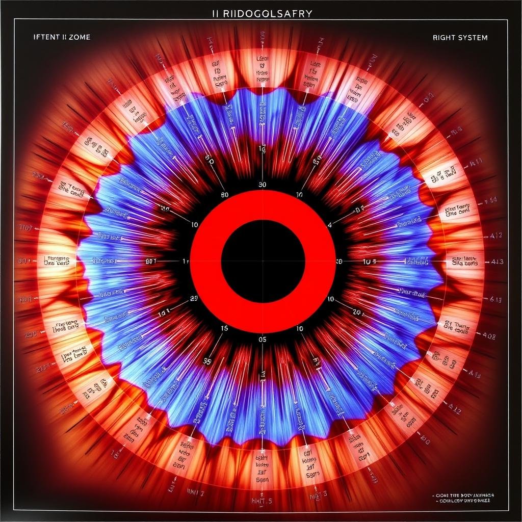 Detailed iridology iris diagnosis chart showing mapped zones of the iris
