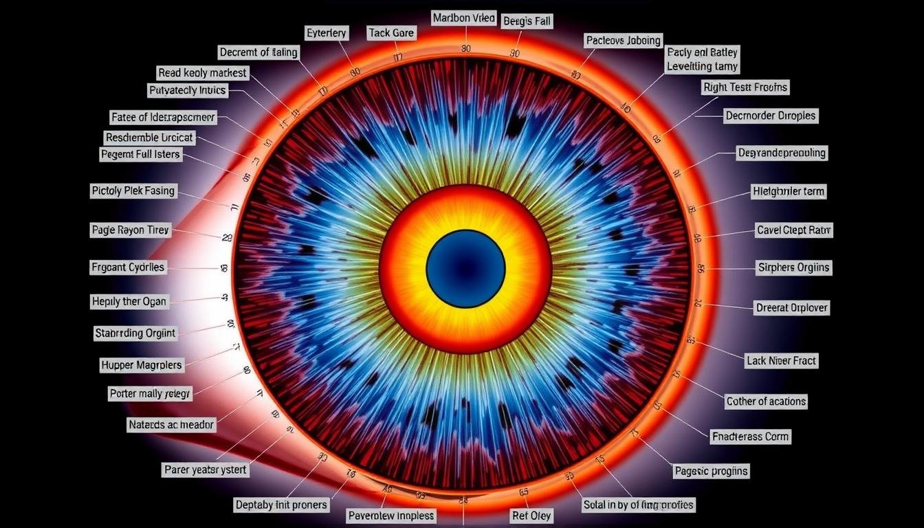 Detailed iris mapping chart showing how different regions correspond to body systems in Iridology Iris Diagnosis