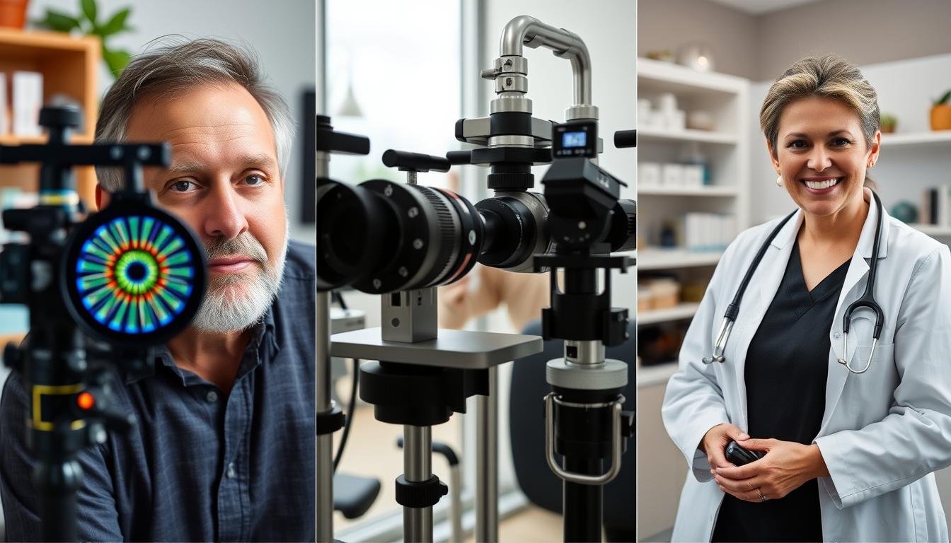 Different types of eye and health practitioners in their professional settings