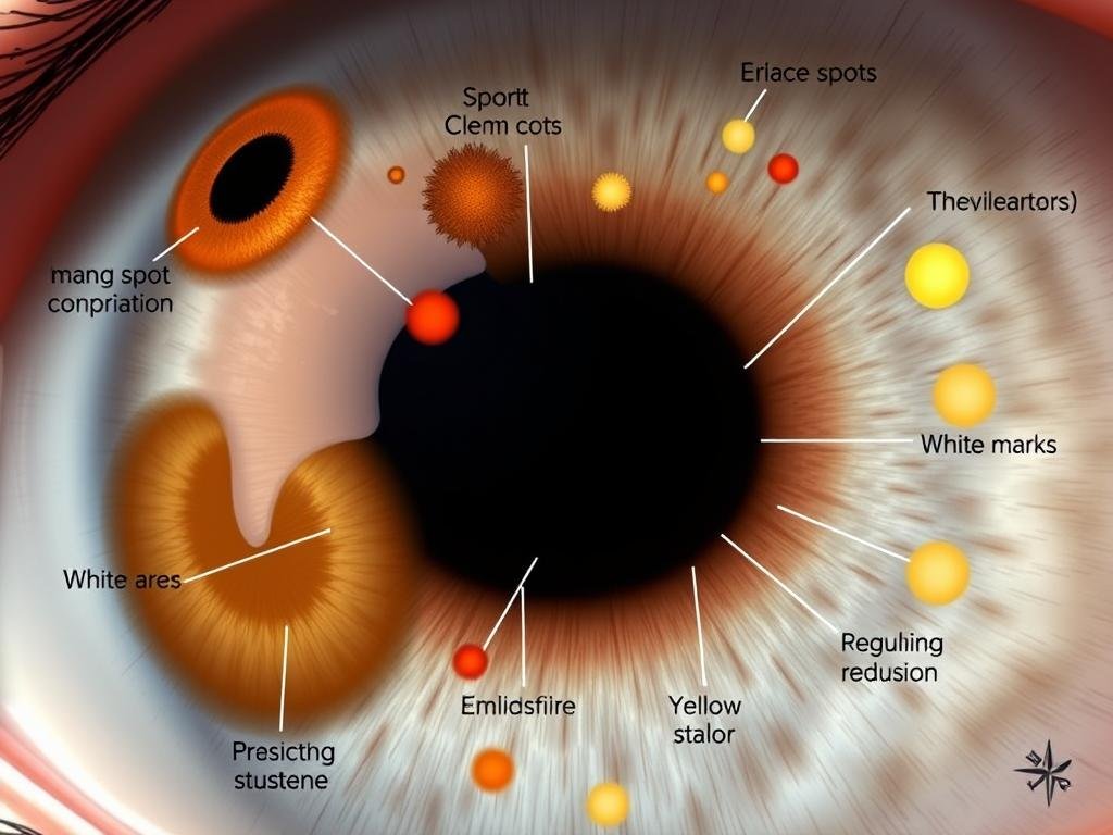Different types of pigmentation marks on an iris with iridology interpretations