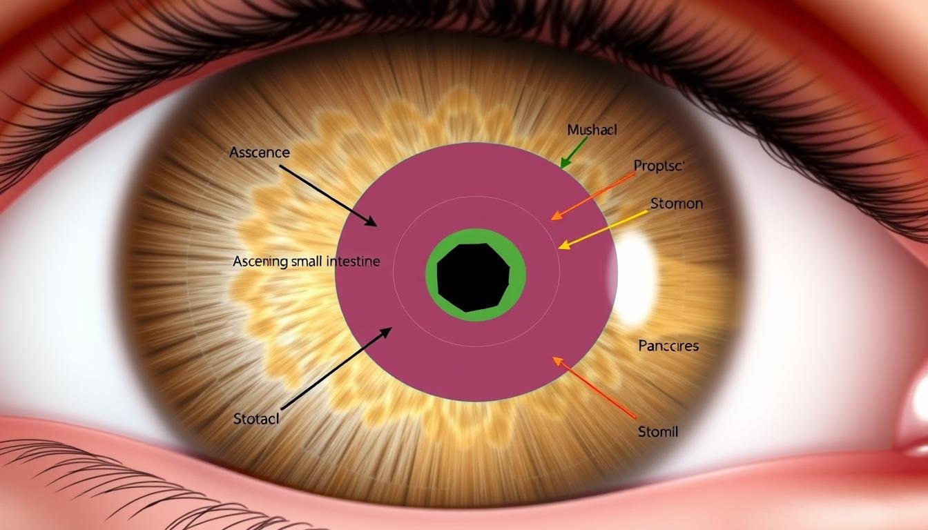 Digestive system mapping in the right eye iridology chart showing intestinal zones