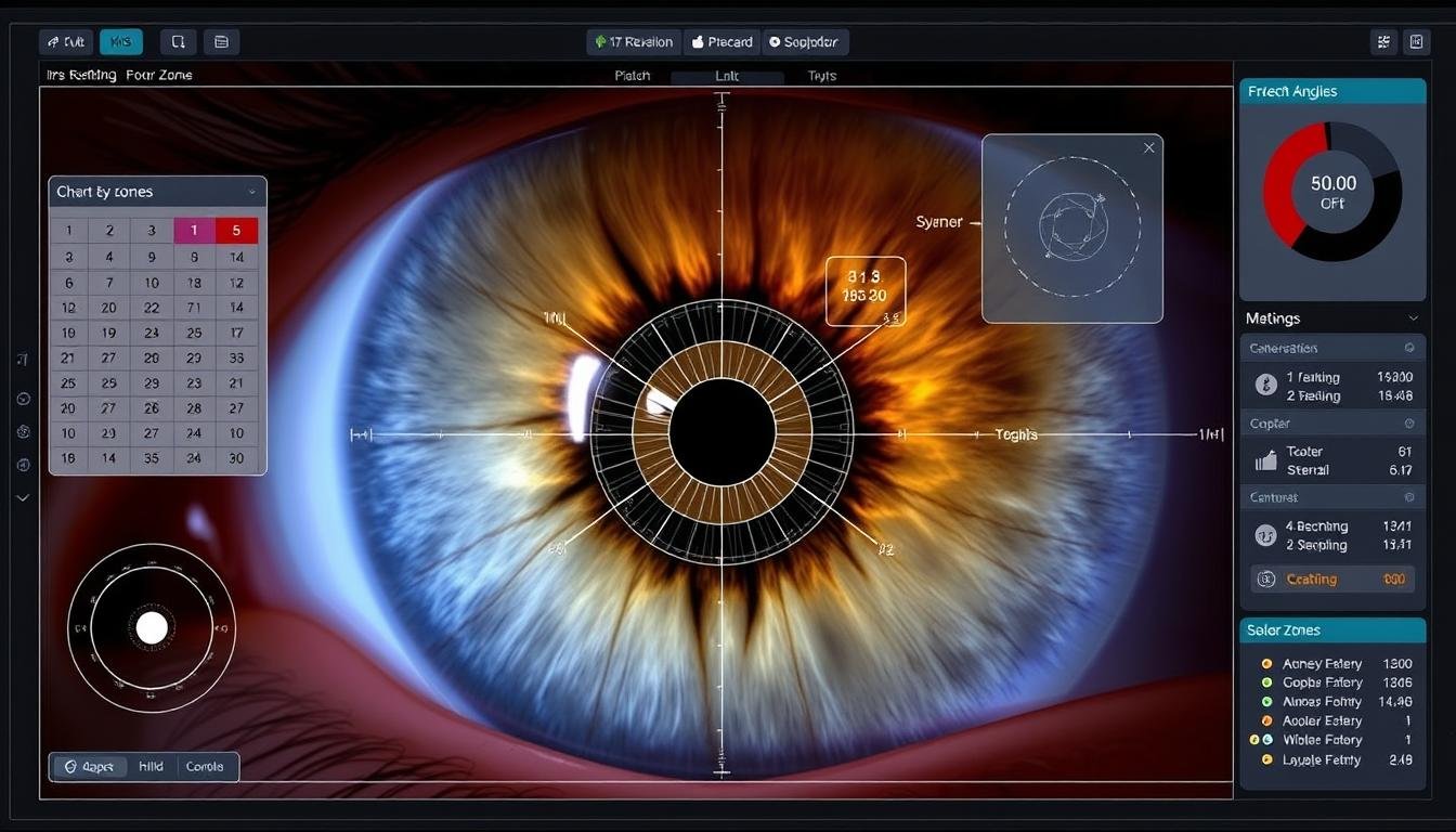 Digital analysis of right eye iris patterns with overlay of right eye chart zones Digital analysis of right eye iris patterns with overlay of right eye chart zones
