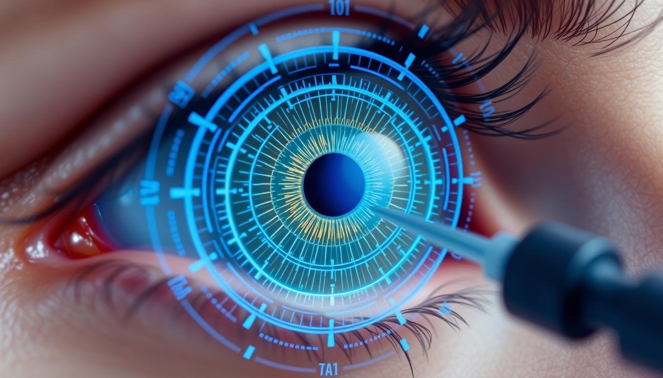Digital iridology analysis showing AI pattern recognition on iris scan
