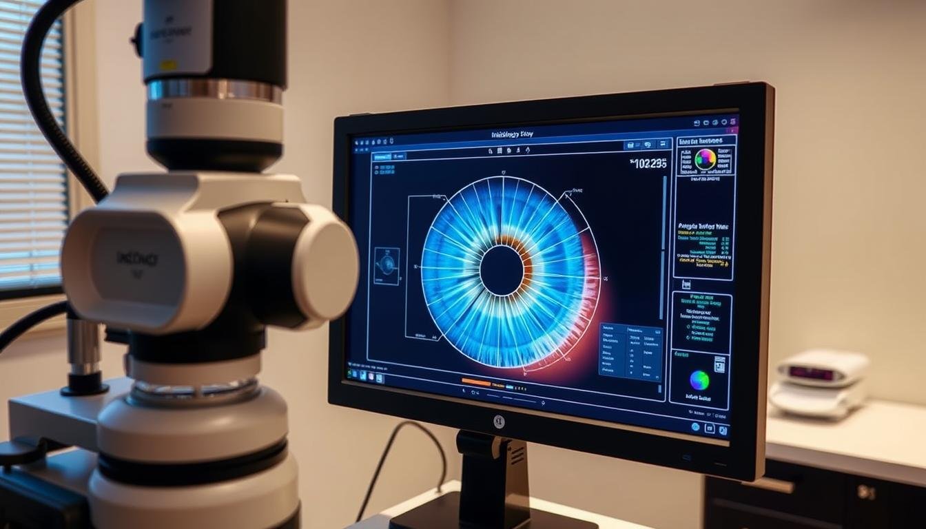 Digital iridology equipment showing high-resolution iris scan with analysis software