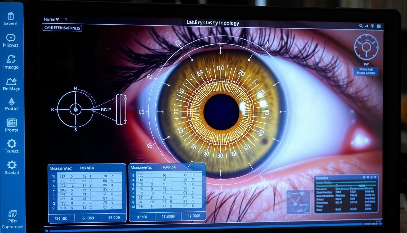 Digital iridology software analyzing a right eye with chart overlay Digital iridology software analyzing a right eye with chart overlay