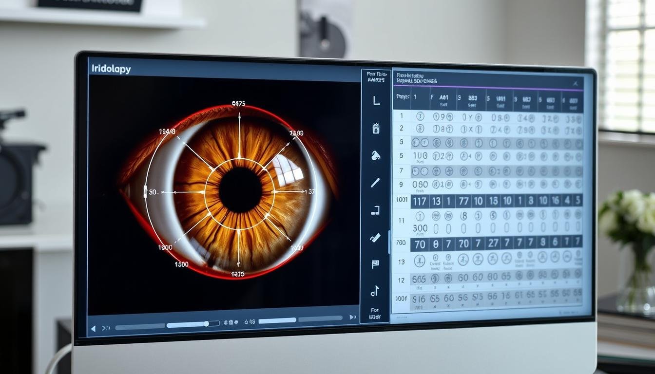 Digital iridology software analyzing iris against standardized chart
