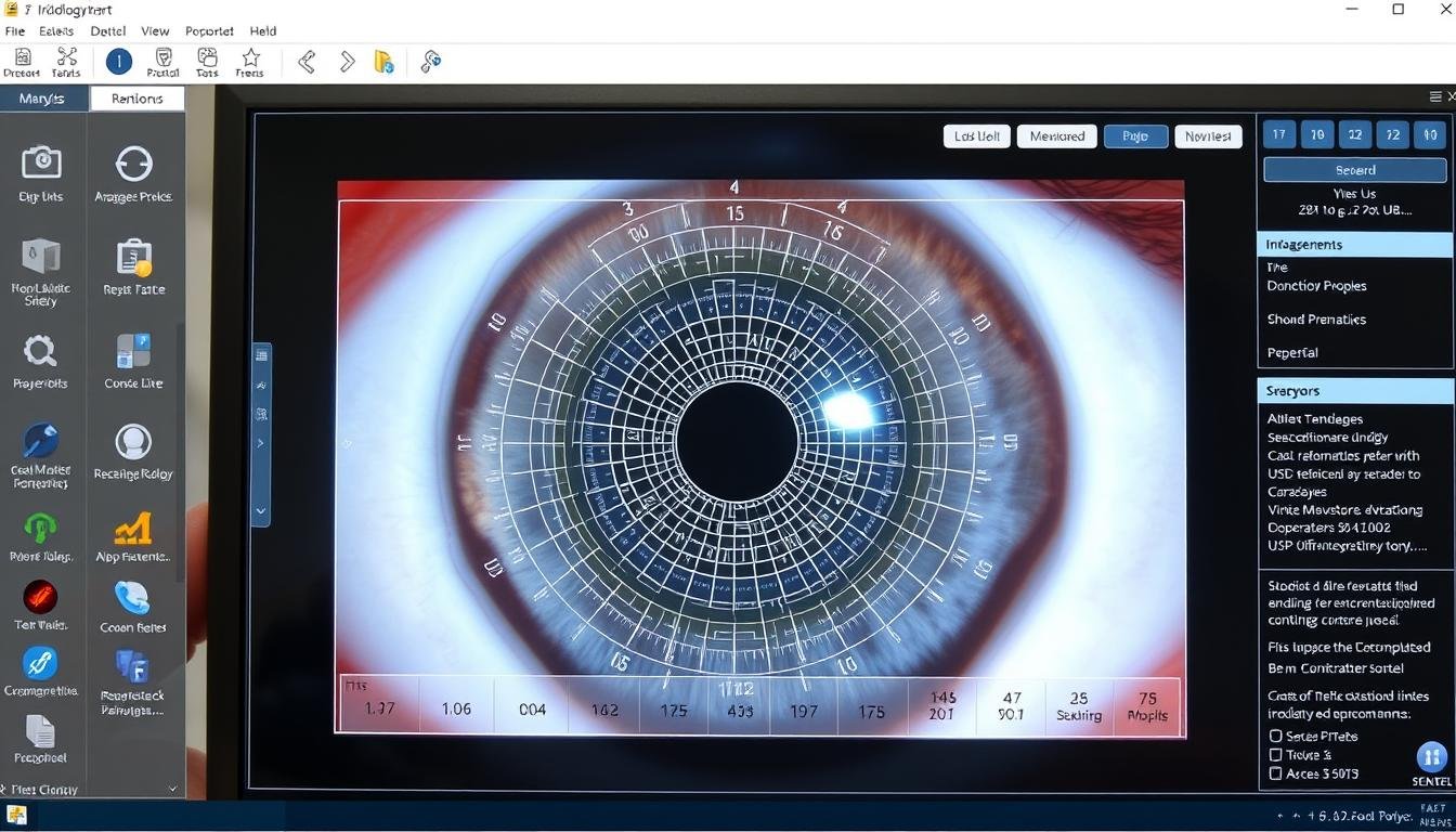 Digital iridology software analyzing iris patterns with chart overlay