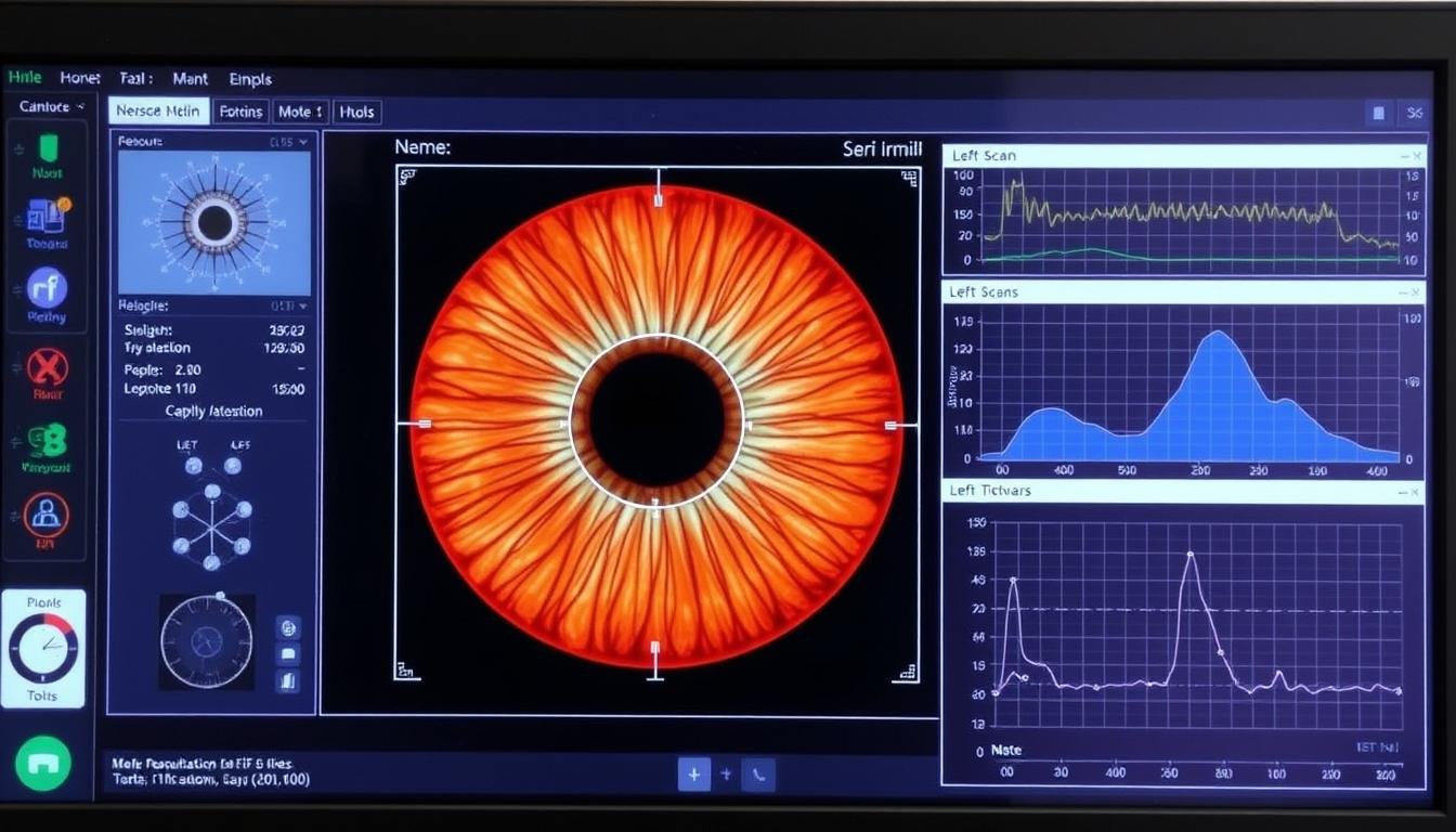 Digital software analyzing left iris patterns with AI-enhanced recognition