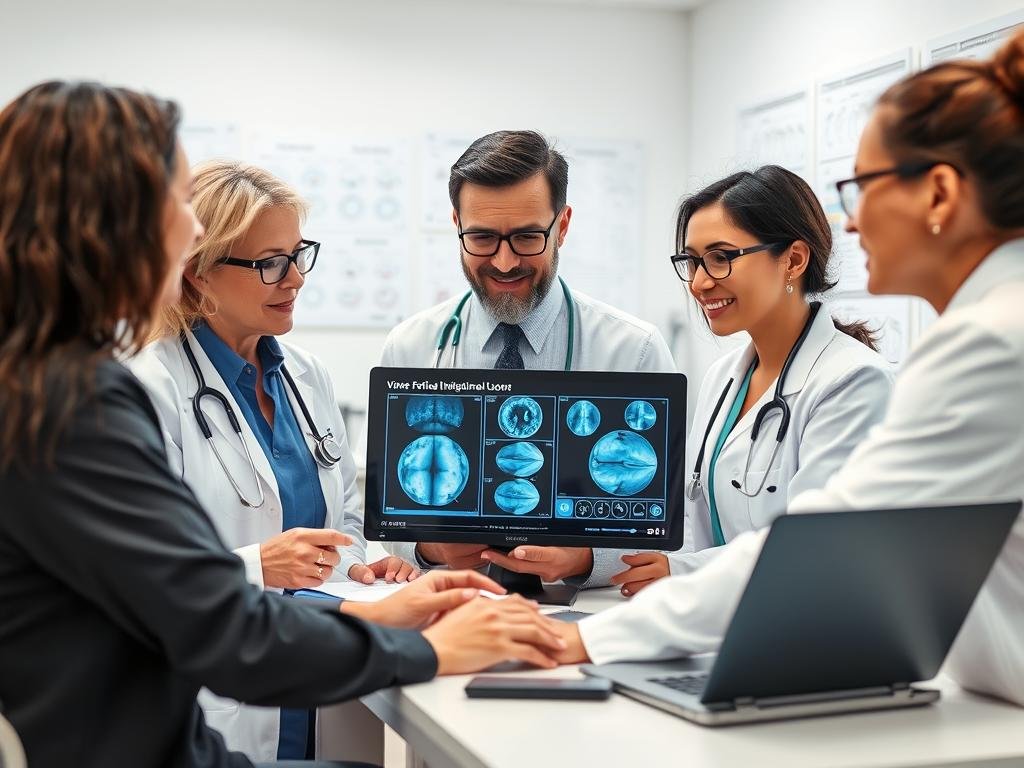 Diverse group of eye care professionals collaborating in a modern clinical setting