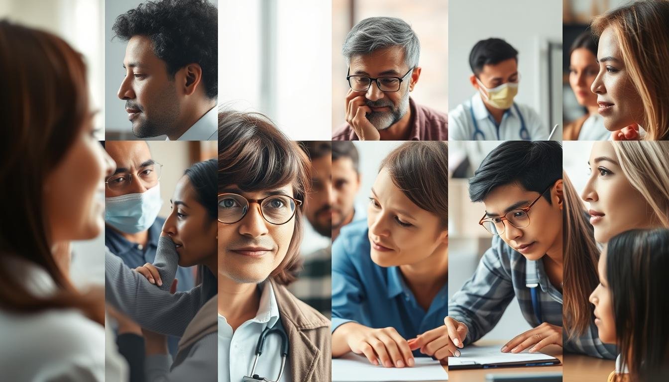Diverse group of people connecting through Eye Reading in various settings