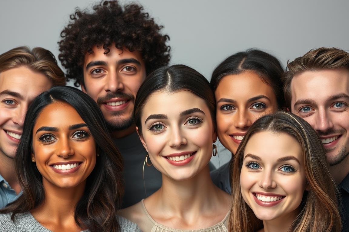 Diverse group of people with different eye colors showing similar personality traits, contradicting the myth that eye color determines personality
