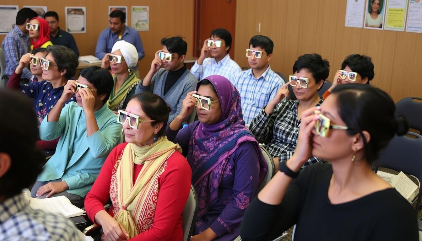 Diverse group practicing cultural eye reading techniques