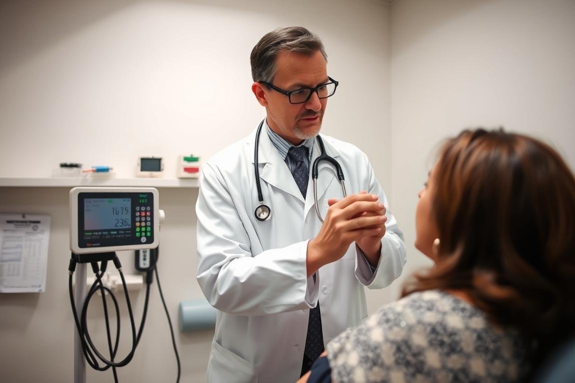 Doctor performing a traditional medical checkup with various diagnostic tools