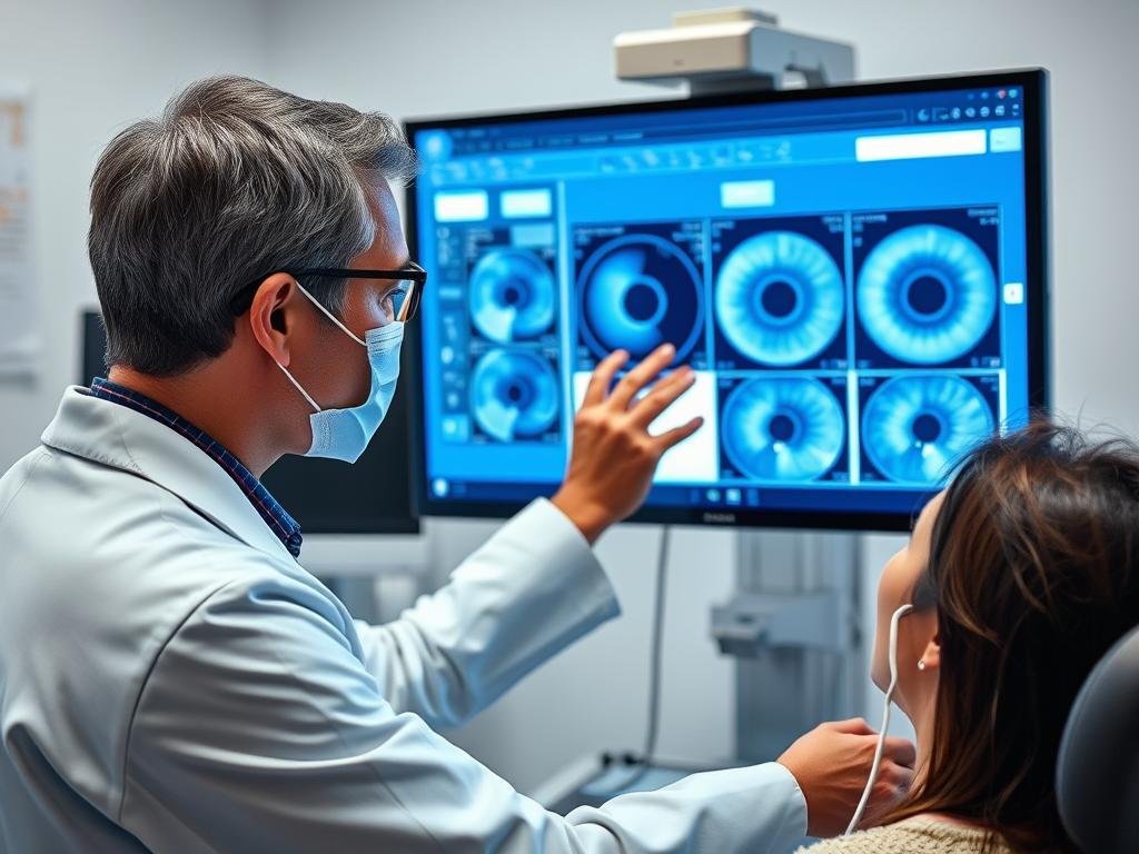 Doctor using advanced retinal imaging technology for diagnosis