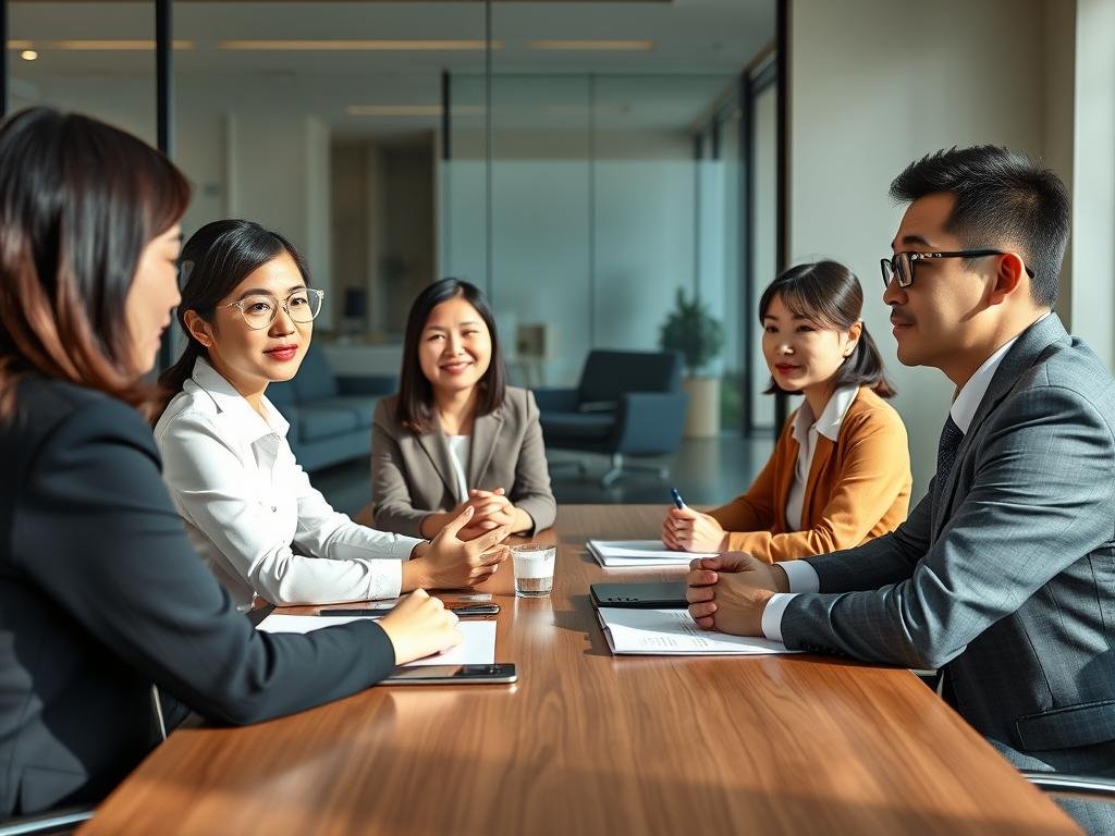 East Asian business interaction showing respectful gaze patterns