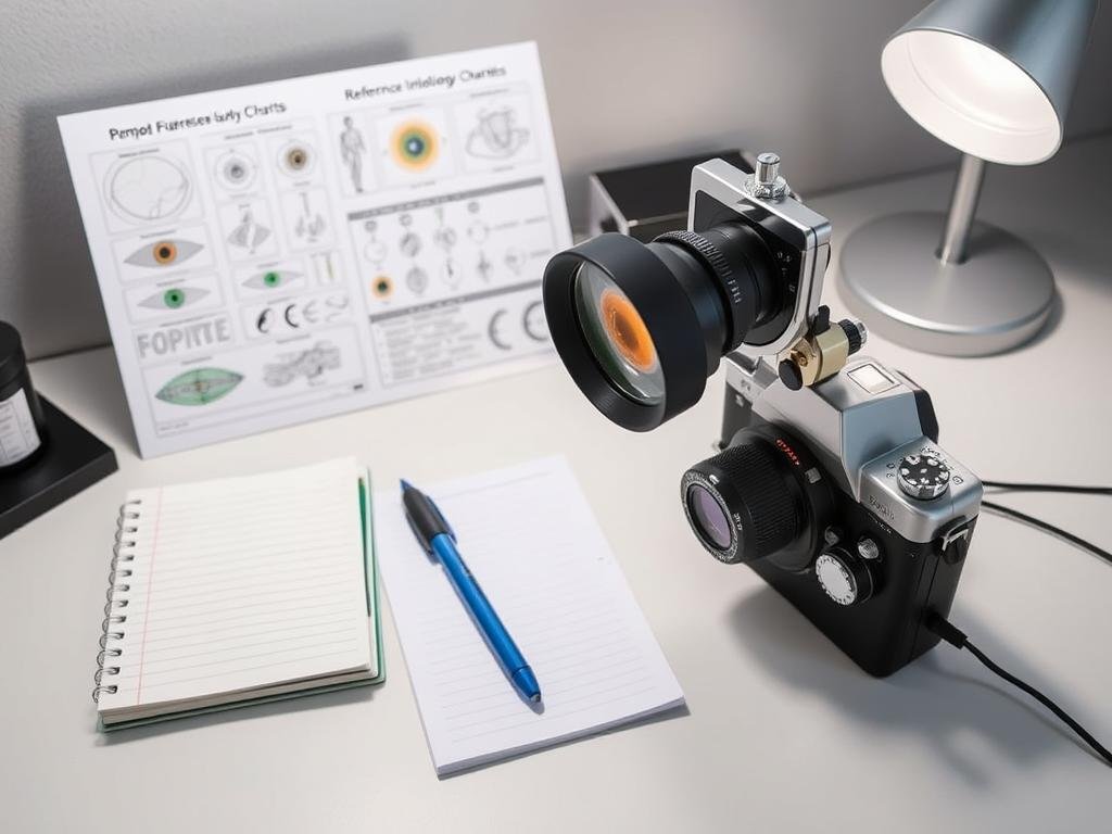 Essential tools for iridology chart analysis including magnifying equipment and reference charts