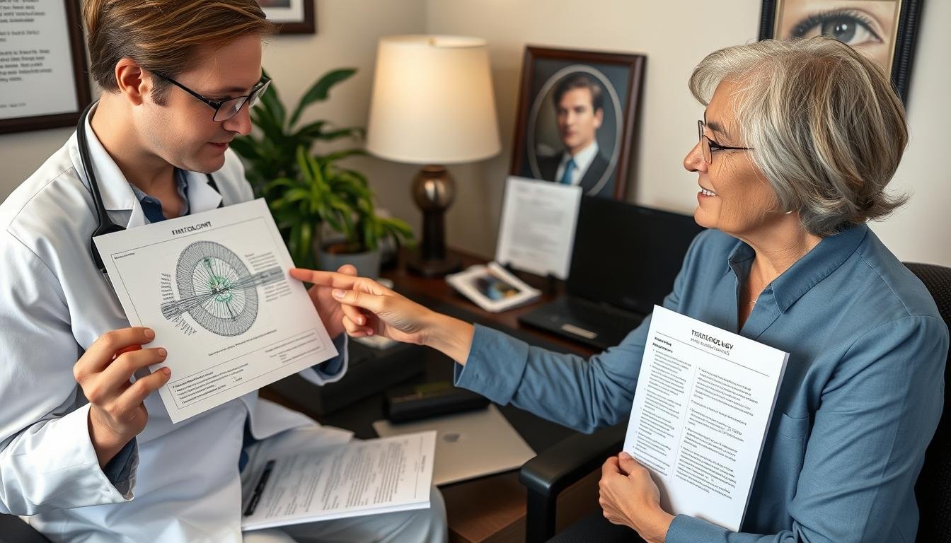 Ethical practice of iridology showing practitioner explaining limitations to a client