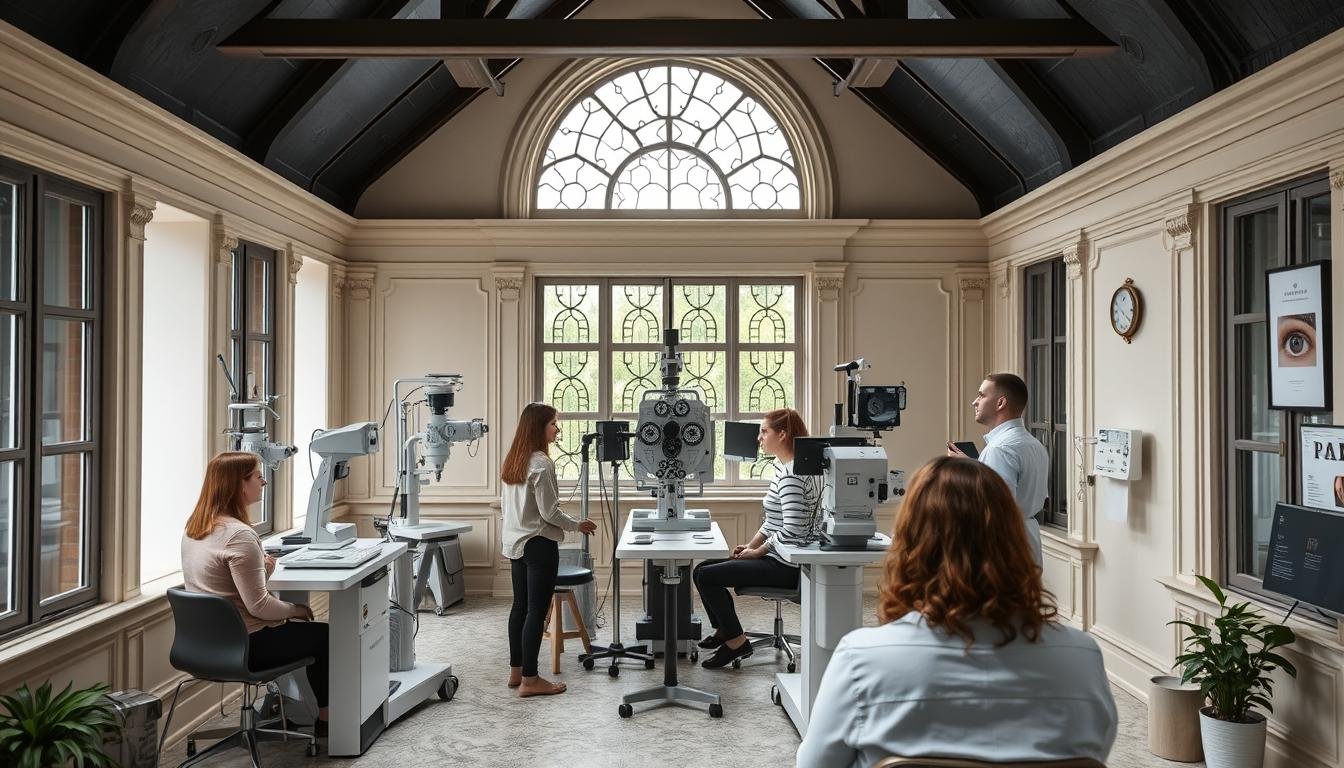 European iridology training center with students practicing iris analysis
