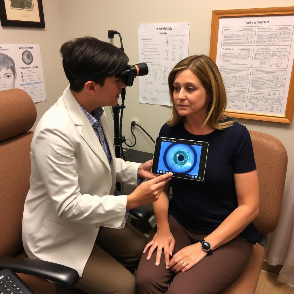 Experienced iridologist working with a client in a professional setting