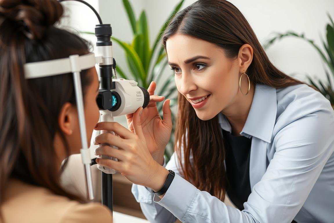 Eye reading practitioner examining a client's iris for nutritional deficiency signs