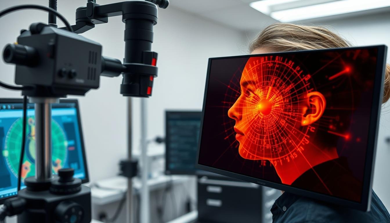 Eye tracking technology analyzing a person's gaze patterns on a screen