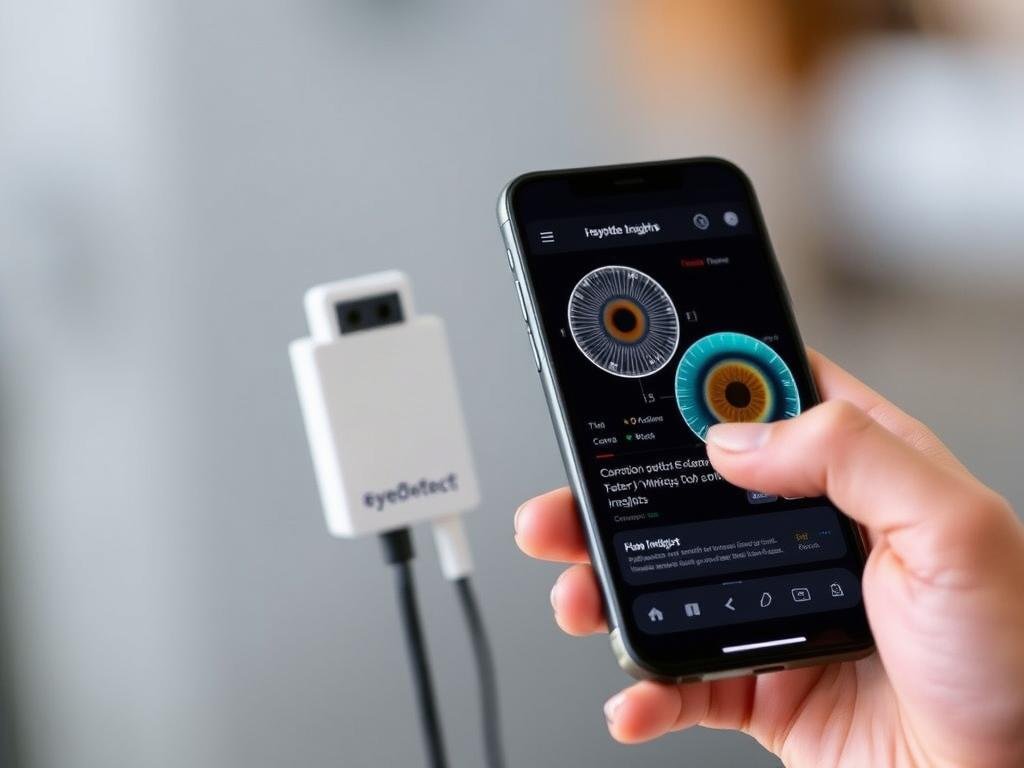 EyeDetect portable iris scanner connected to smartphone showing analysis app