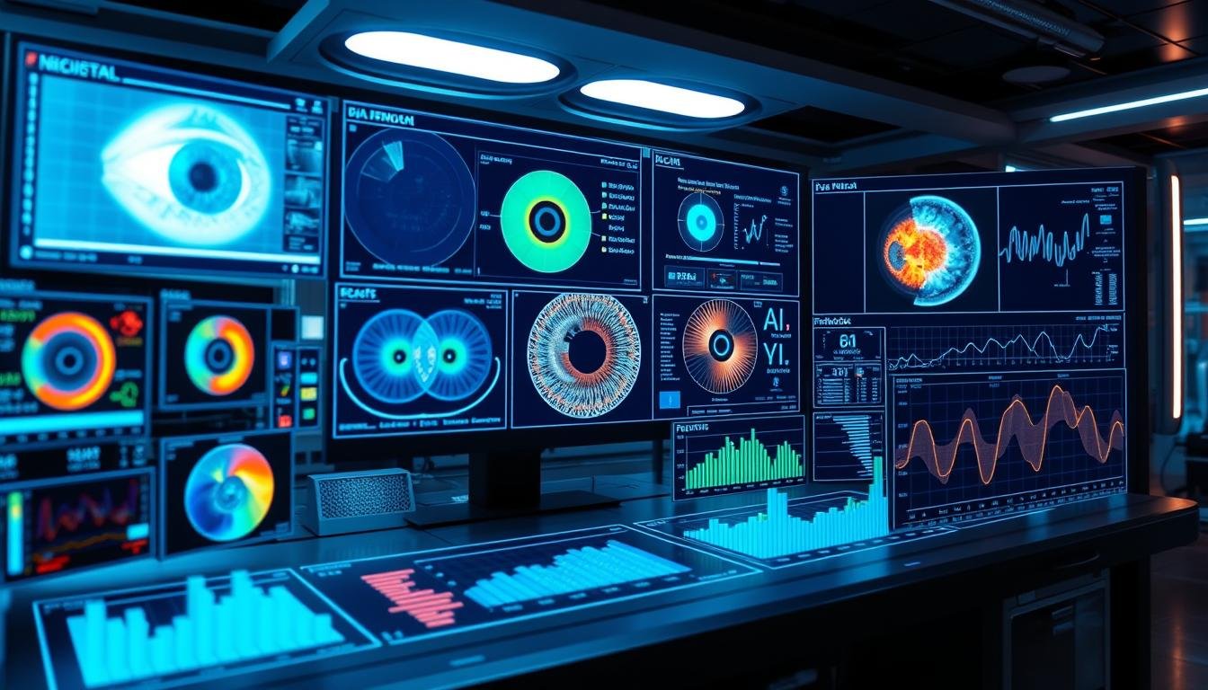 Futuristic AI interface analyzing multiple eye parameters and predicting disease risk