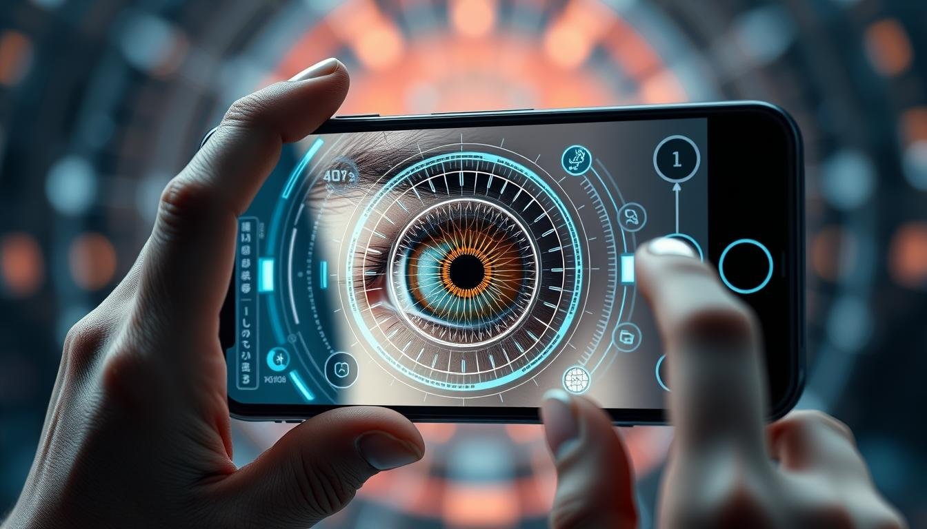 Futuristic digital iridology application on smartphone with AI analysis Futuristic digital iridology application on smartphone with AI analysis