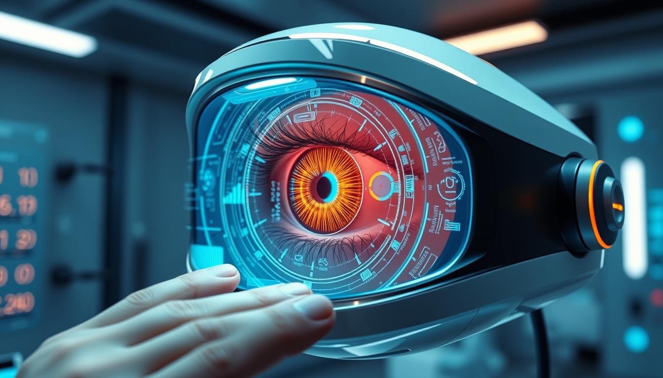 Futuristic eye reading technology concept with AI integration and holographic display