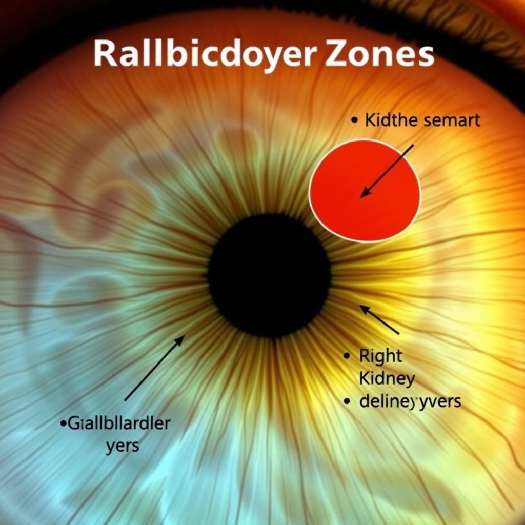 Gallbladder and kidney zones highlighted in a right eye iridology chart