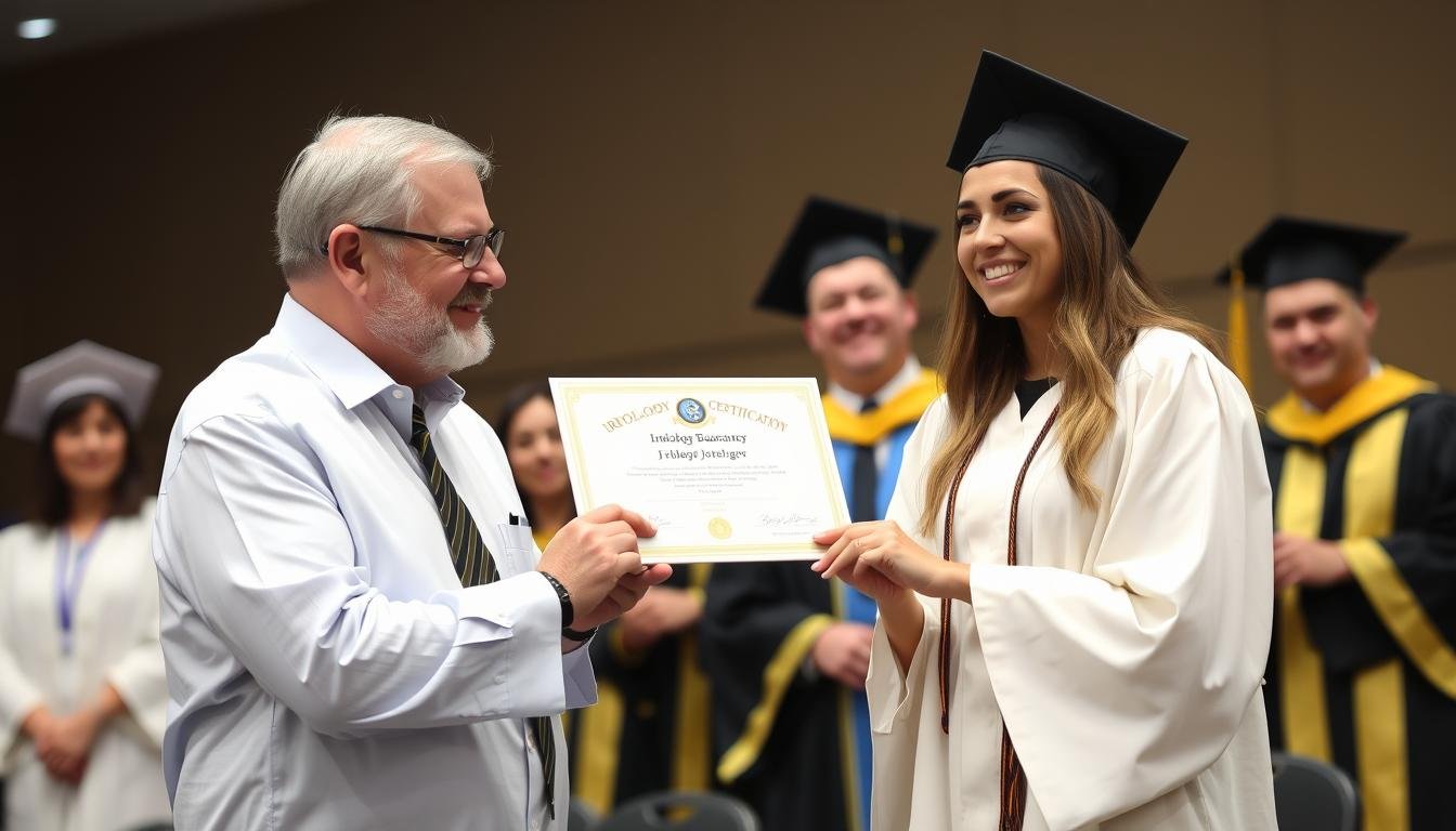 Graduate receiving iridology certification diploma at ceremony