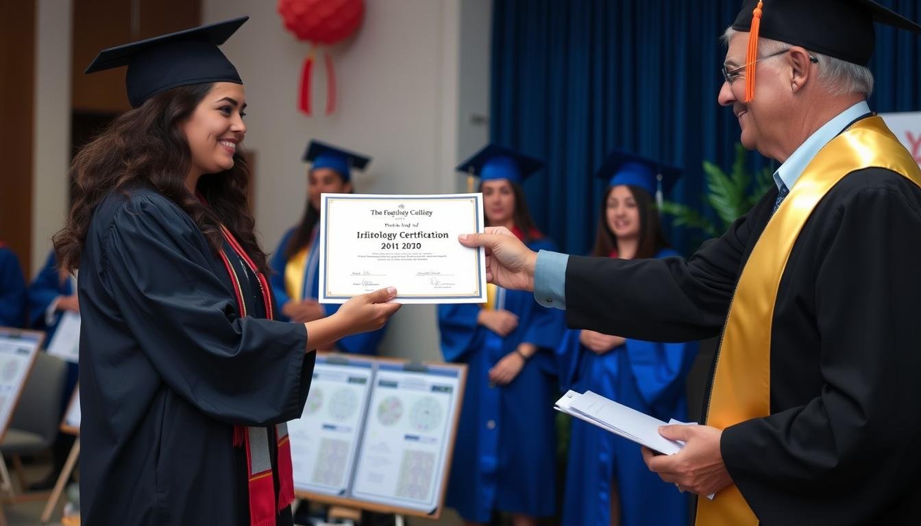 Graduate receiving iridology certification diploma at completion ceremony