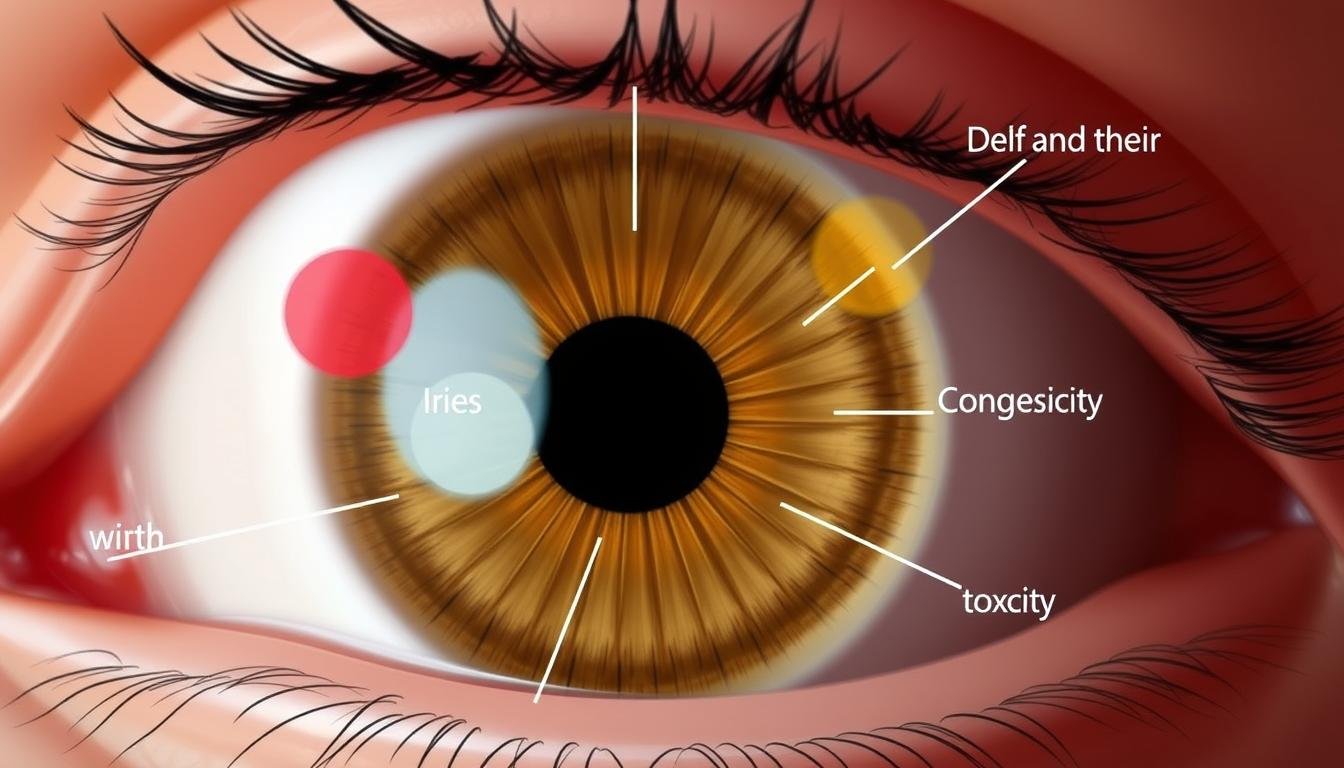 Health indicators visible in the left iris according to iridology