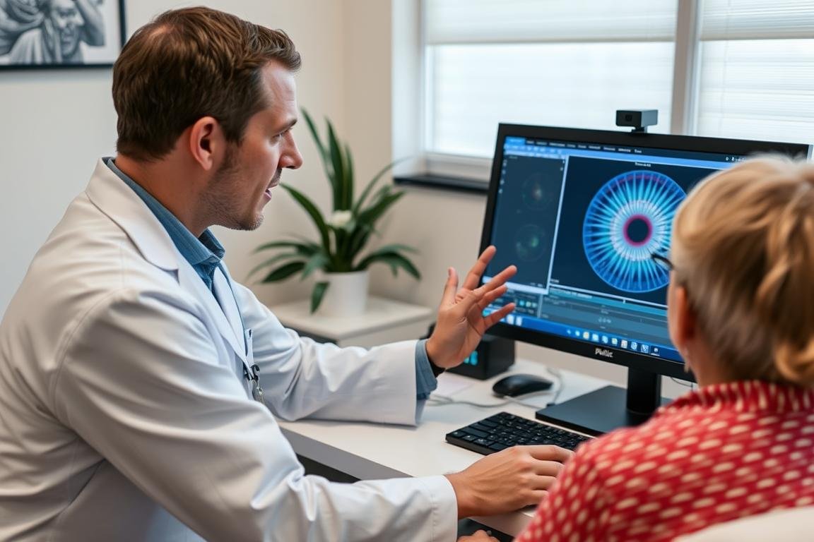 Health practitioner reviewing iridology software results with a patient