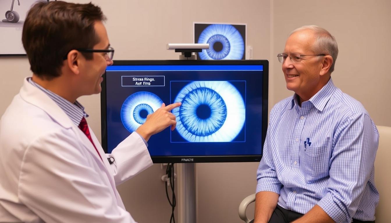 Healthcare practitioner explaining iris markings to a patient
