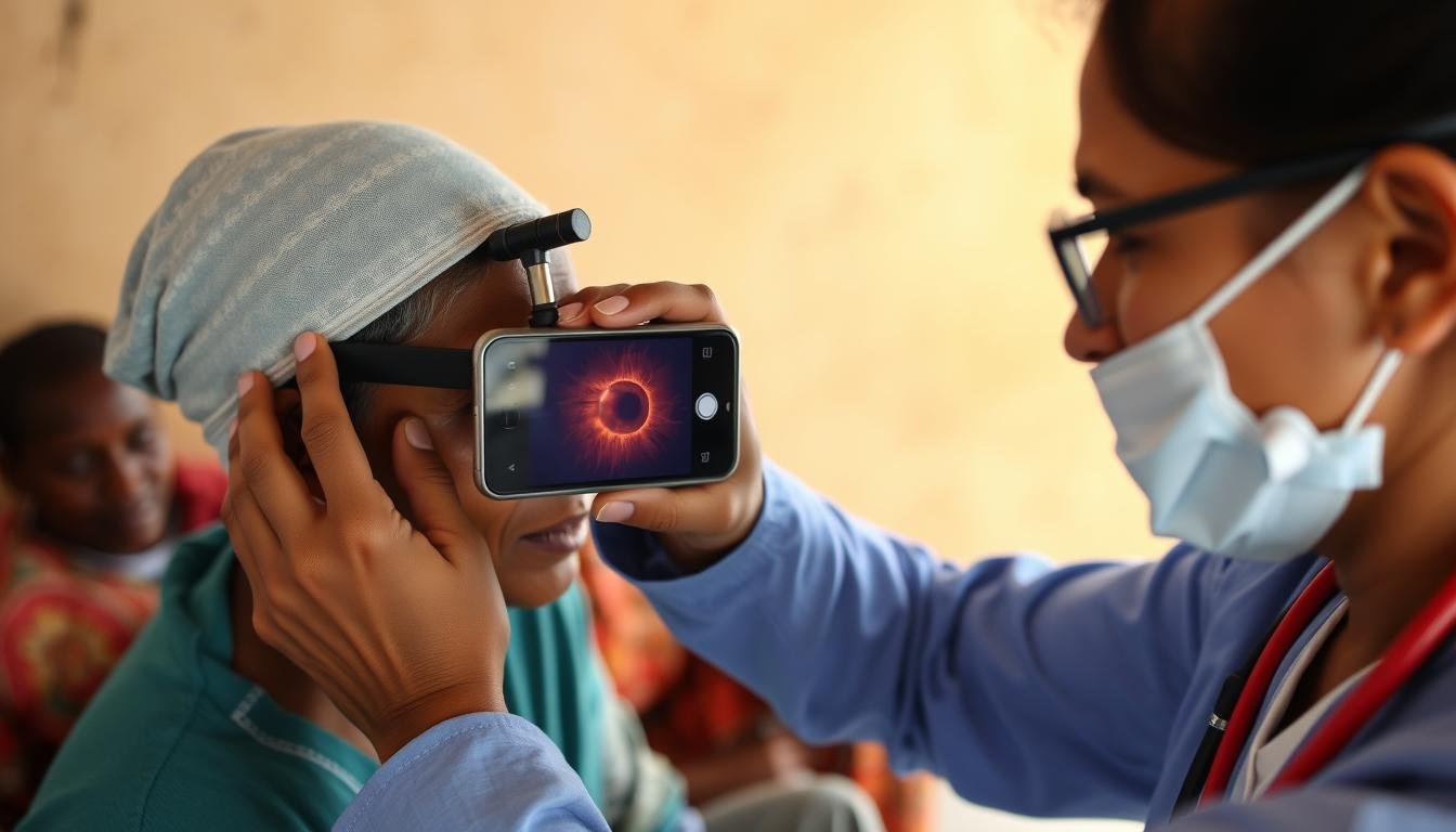 Healthcare worker using smartphone-based retinal imaging device in remote setting