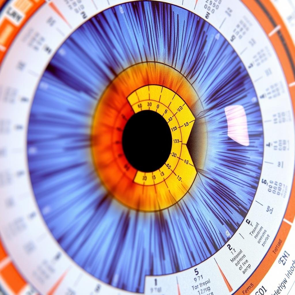 High-detail section of a premium iridology chart showing precise organ mappings