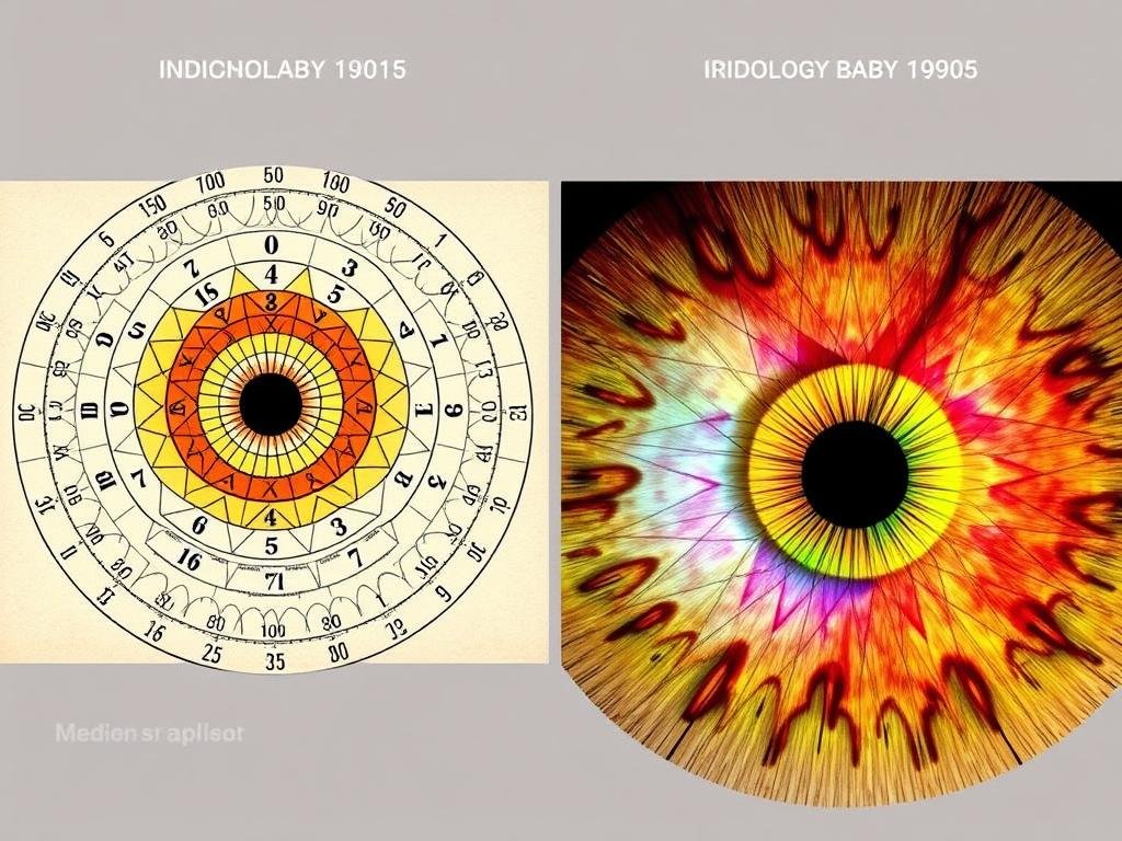 Historical and modern iridology charts showing the connection between iris zones and body systems, a key component of iridology certification studies