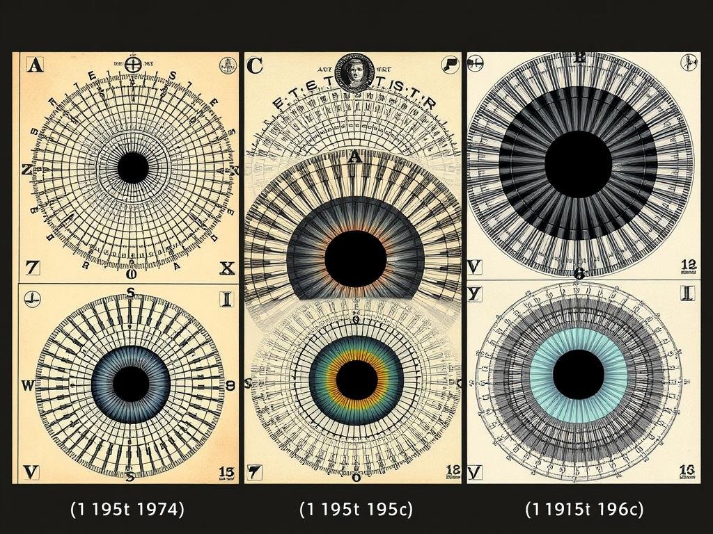 Historical development of Iridology Chart Right Eye showing evolution from early charts to modern detailed versions